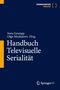 Titel: Handbuch Televisuelle Serialität. Autoren: Sven Grampp, Olga Moskatova. Dunkelblauer Hintergrund mit gelbem Detail., Buch
