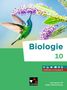 Text: "Biologie 10", "Hybrides Schulbuch", "Gymnasium G9 Baden-Württemberg." Ein schillernder Kolibri fliegt zu lila Blüten.