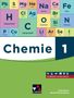 Oben chemische Elemente, unten „Chemie 1“; „GYMNASIUM Berlin/Brandenburg“, „HYBRIDES SCHULBUCH“, Logo von C.C. BUCHNER., Buch
