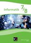 „Informatik 7/8“, „Differenzierende Ausgabe Sachsen“. Frau trägt VR-Brille, umgeben von schwebenden digitalen Bildern., Buch
