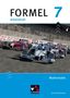 Text: "FORMEL 7 Arbeitsheft Mathematik." Rennwagen rasen auf einer Strecke. Unten ein Logo mit geometrischen Formen., Buch