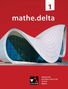 Text: "mathe.delta 1", "Mathematik Berufliche Oberschule Technik Bayern". Modernes, wellenförmiges Gebäude auf rotem Hintergrund.