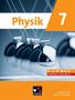 „Physik 7“ steht in großen Buchstaben, darunter „Hybrides Schulbuch.“ Abgebildet sind pendelnde Kugeln in Bewegung., Buch