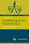 Erzählungen im Gerichtssaal. Illustration eines stilisierten Richters mit Waage. Farben: Gelb und Blau., Buch