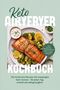 „Keto Airfryer Kochbuch“ mit Lachs, Brokkoli, Zitrone, Soße auf Teller, grüner Hintergrund., Buch