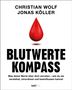 Text: „Christian Wolf, Jonas Köller, Blutwerte Kompass.“ Darunter: „Was deine Werte über dich verraten…“   
Bild: Roter Blutstropfen., Buch