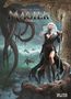"Magier 14 - Helligorn" und "Splitter". Eine Frau mit langem weißem Haar steht vor Tentakeln, zwei Drachen fliegen., Buch
