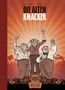 Text: "Lupano Cauuet. Die alten Knacker. Splitter." Drei ältere Männer in Siegerpose vor einem strahlenförmigen Hintergrund.