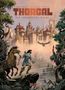 „Thorgal: Die wandernde Stadt“ steht über einer mittelalterlichen Stadt. Ein Mann mit Schwert, Pferd und Rabe im Vordergrund., Buch