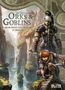 "Orks & Goblins, Die Kriege von Arran 31. Tren Gar." Eine grimmige Orkin und ein Junge vor einer Schlucht.