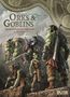 „Orks & Goblins: Die Kriege von Arran, 34. Killrok“. Illustration von fantastischen Kreaturen mit Waffen in Kriegerpose.