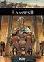 „Ramses II.“ Illustration: Pharao auf Thron mit Zepter, Wand mit Hieroglyphen, Kampfwagen im Hintergrund., Buch
