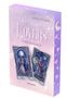 „THE LOVERS“, „UNSER SCHICKSAL“; Karten „THE LOVERS“ und „HERMIT“, Mond und Sterne, rosa-lila Hintergrund., Buch