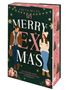 Buchcover: "MY MERRY EX MAS" von Freya Miles. Illustrationen von einem Mann und einer Frau, Weihnachtsdekorationen., Buch