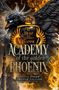 "Herz der schwarzen Flamme. Academy of the golden Phoenix." Illustration eines schwarzen Vogels mit Krone. Schloss im Hintergrund.