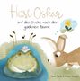 „Hase Oskar auf der Suche nach der goldenen Blume“. Hase denkt an Blume, großer Frosch auf Seerose, Biene fliegt., Buch