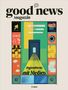 „good news Magazin“, „Irgendwas mit Medien“. Bunte Illustration: Türen, Mikrofon, Buch, Kamera und technische Symbole., Buch