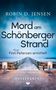 „Robin D. Jensen, Mord am Schönberger Strand, Finn Petersen ermittelt.“ Ein Steg führt ins Meer bei blauem Himmel., Buch