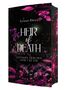 Text: "Ayleen Rheys. Heir of Death. Gefangen zwischen Liebe und Tod." Dunkles Cover mit pinken Blättern und Funken., Buch