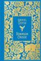 "DANIEL DEFOE ROBINSON CRUSOE" in Gold auf Blau. Tropische Blätter, Affe und Papagei verzieren den Hintergrund.