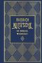 "FRIEDRICH NIETZSCHE DIE FRÖHLICHE WISSENSCHAFT" in goldener Schrift auf blauem Hintergrund mit geometrischem Muster., Buch