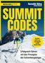 Große gelbe Schrift "SUMMIT CODES", Skitourengeher auf verschneitem Berg vor felsiger Kulisse., Buch