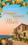 "Sascha Sprikut, Orangen Sommer am Meer, Roman." Steinvilla am Meer, orangene Früchte und blaue Blumentöpfe im Vordergrund., Buch