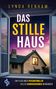 „Das stille Haus“ von Lynda Renham. Ein beleuchtetes Steinhaus bei Sonnenuntergang, logoartiges dp-Symbol., Buch