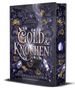 "Gold & Knochen" von Katharina V. Haderer, Band 3 "Magie von Blut und Wein"; violette, blumige Buchcover-Illustration.