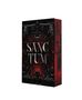 „SANCTUM ETERNAL FLAME“. Dunkles, verziertes Cover mit roten und schwarzen Elementen sowie Fragezeichen an der Seite., Buch