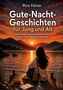 Text: "Rico Feiner, Gute-Nacht-Geschichten für Jung und Alt". Eine Person sitzt am See bei Sonnenuntergang., Buch