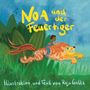 „Noa und der Feuertiger“ und „Illustration und Text von Raja Goltz“. Ein Kind reitet auf einem fliegenden, leuchtenden Tiger., Buch