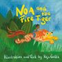 "Noa and the Fire Tiger" in leuchtenden Gelbtönen. Ein Kind reitet auf einem orange-roten Tiger. Grüne Umgebung., Buch