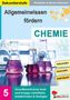 "Allgemeinwissen fördern: CHEMIE. Sekundarstufe. Grundkenntnisse kurz vermitteln. Erlenmeyerkolben mit Flüssigkeiten."