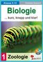 „Biologie ... kurz, knapp und klar! Zoologie.“ Bild einer bunten Raupe auf einem Blatt.