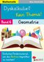 „Dyskalkulie? Kein Thema! Band 6 Geometrie“ zeigt ein geöffnetes Buch, bunte geometrische Formen und eine Sanduhr., Buch