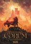„CORUM“, „Der Ritter der Schwerter“. Ein Krieger mit rotem Umhang steht vor einer Burg in einer dramatischen Illustration.