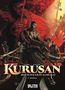 Deckblatt mit dem Titel "KURUSAN: DER SCHWARZE SAMURAI", mehrere Krieger mit Schwertern, dramatische Beleuchtung., Buch