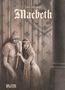 "Macbeth". Illustration von zwei Personen: Eine hält ein Schwert, die andere flüstert ihr zu. Hintergrund gemustert., Buch