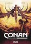 "Conan der Cimmerier: Salome die Hexe." Illustration einer mystischen Figur mit schwebendem Umhang und Schwertträger., Buch