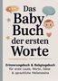 „Das Baby Buch der ersten Worte“ steht im Vordergrund. Drumherum sind bunte Sprechblasen, Sterne und ein lächelndes Babygesicht., Buch