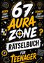 "67 AURA ZONE RÄTSELBUCH FÜR TEENAGER" in fetten, dynamischen Buchstaben auf schwarzem Hintergrund mit Rätselsymbolen., Buch