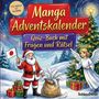 „Manga Adventskalender: Quiz-Buch mit Fragen und Rätsel“. Santa mit japanischer Flagge, Engel, Tannenbaum und Geschenke., Buch