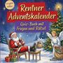 "Rentner Adventskalender: Quiz-Buch mit Fragen und Rätsel". Ein fröhlicher Weihnachtsmann und ein Engel vor einem Baum., Buch