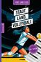 „STADT, LAND, VOLLEYBALL“, Illustration einer Volleyballspielerin, kniend, mit einem Ball. Text „105 Seiten“., Buch