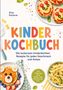 "Kinderkochbuch. Die leckersten kinderleichten Rezepte. Illustrationen von bunten Gerichten, mit lächelnden Gesichtern dekoriert.", Buch