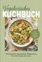 „Vegetarisches Kochbuch“. Teller mit Nudeln, Tomaten und Basilikum. Grünbeiger Hintergrund., Buch