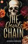 "The Devil's Chain" und "JESSICA GRAVES" in goldener Schrift, Totenkopf mit grüner Schlange und bunten Blumen., Buch