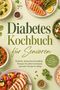 "Diabetes Kochbuch für Senioren" steht auf hellem Hintergrund. Drumherum sind gesunde Gerichte in Schüsseln dekoriert., Buch