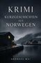 "Krimi Kurzgeschichten aus Norwegen" von Andreas Mai. Dunkle, neblige Küstenansicht mit Häusern und Wasser., Buch